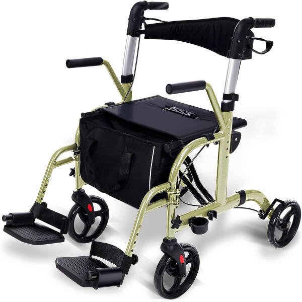 WINLOVE 2 in 1 Rollator Walkers for Seniors with Padded Seat- Medical Transport Chair Walker with Adjustable Handle and