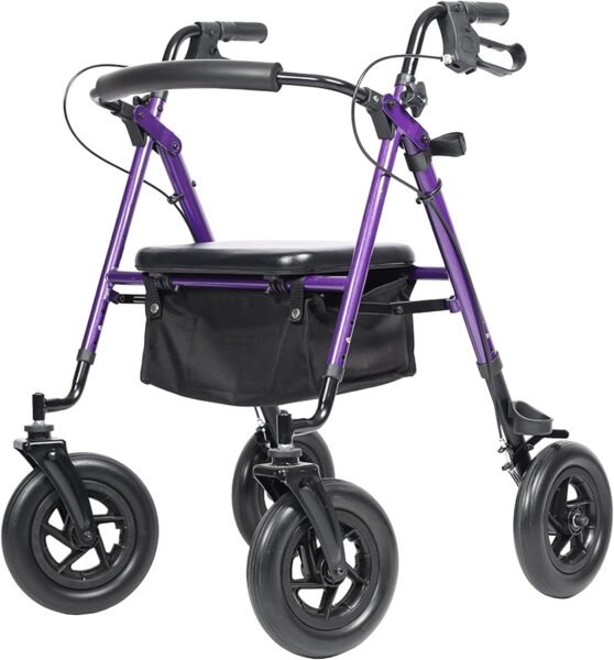 ELENKER All-Terrain Rollator Walker with 10” Rubber Wheels, Padded Seat & Backrest, Under-seat Basket for Seniors, Purple